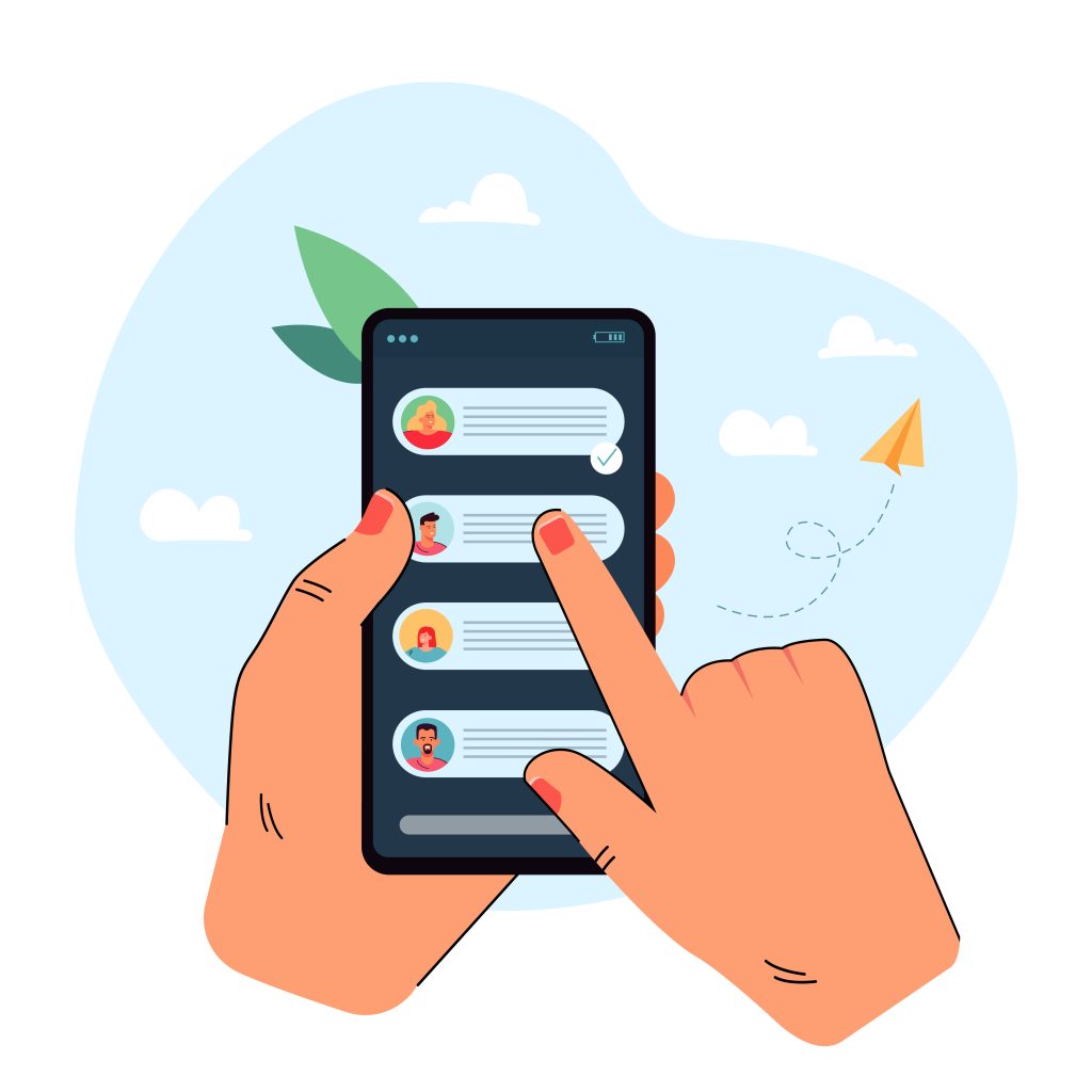 Hand holding mobile phone with chat messages on screen. Finger tapping telephone screen flat vector illustration. Texting with friends online. Smartphone, conversation concept